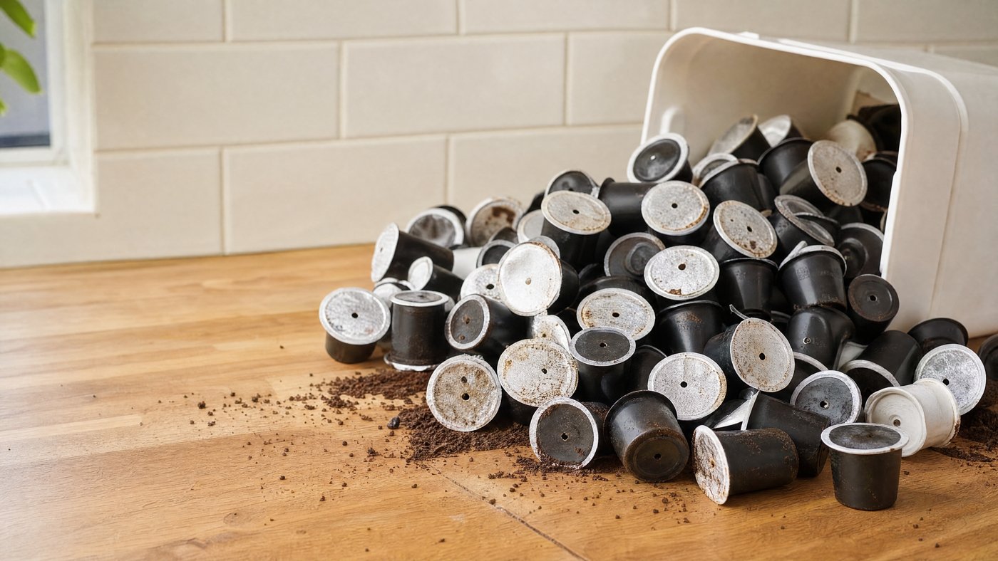 Discarded single-use coffee pods spilling from a container