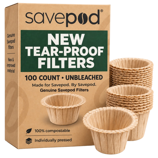 Savepod® Tear-Proof Coffee Filters -  Unbleached Natural Brown - New & Improved - 100% Compostable