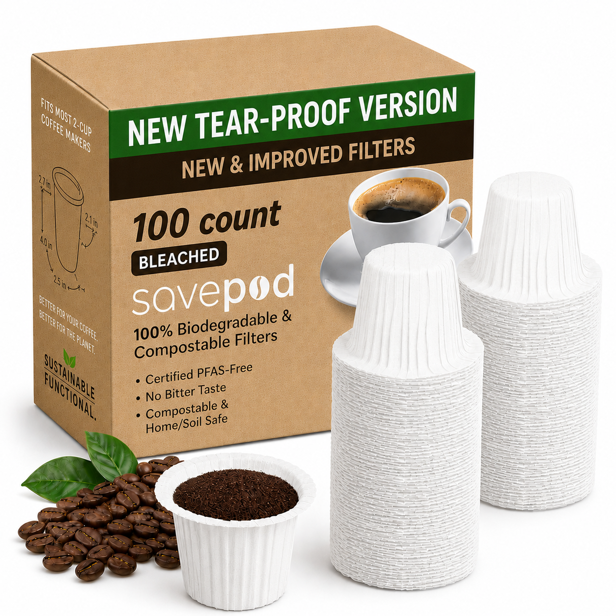 Savepod® Tear-Proof Coffee Filters -  White - New & Improved - 100% Compostable