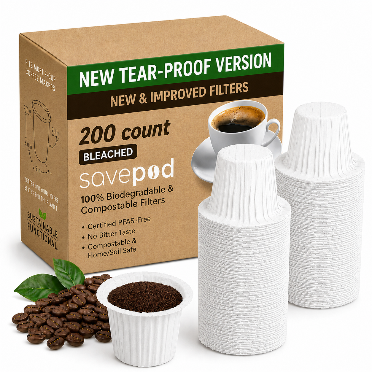 Savepod® Tear-Proof Coffee Filters -  White - New & Improved - 100% Compostable