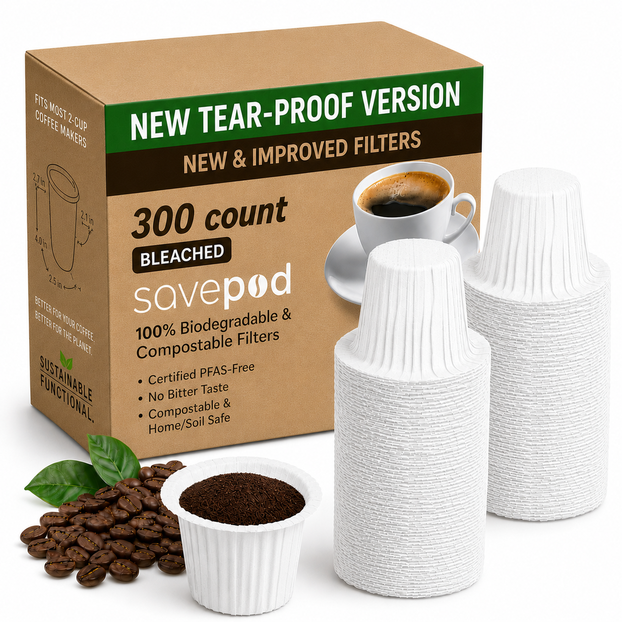 Savepod® Tear-Proof Coffee Filters -  White - New & Improved - 100% Compostable