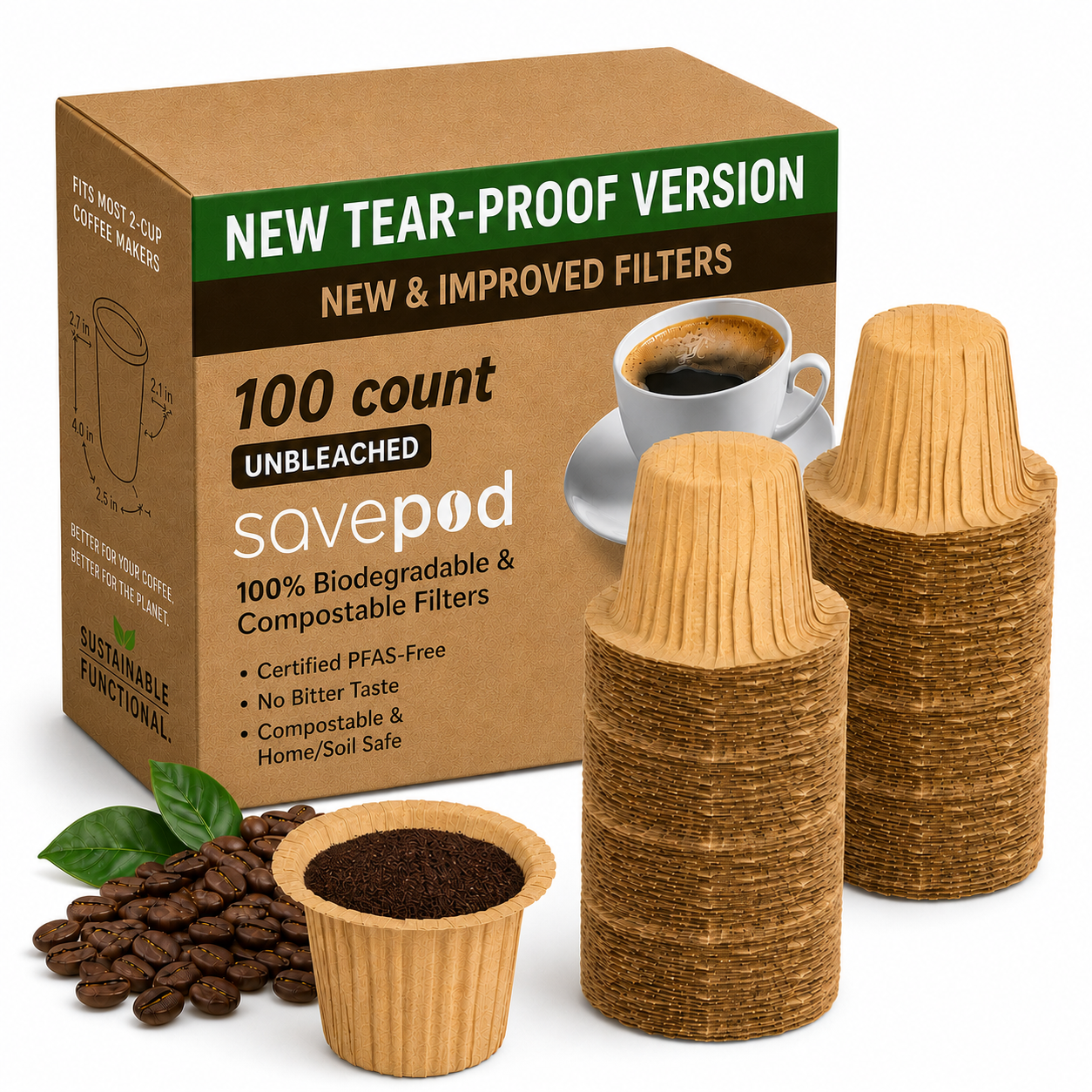 Savepod® Tear-Proof Coffee Filters -  Unbleached Natural Brown - New & Improved - 100% Compostable