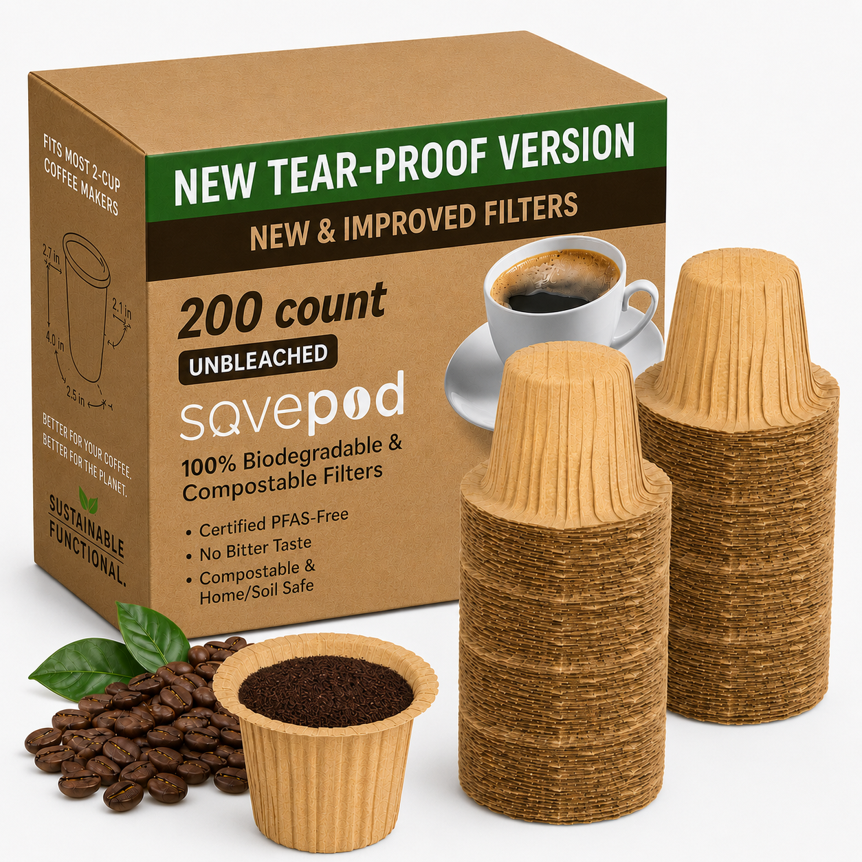 Savepod® Tear-Proof Coffee Filters -  Unbleached Natural Brown - New & Improved - 100% Compostable