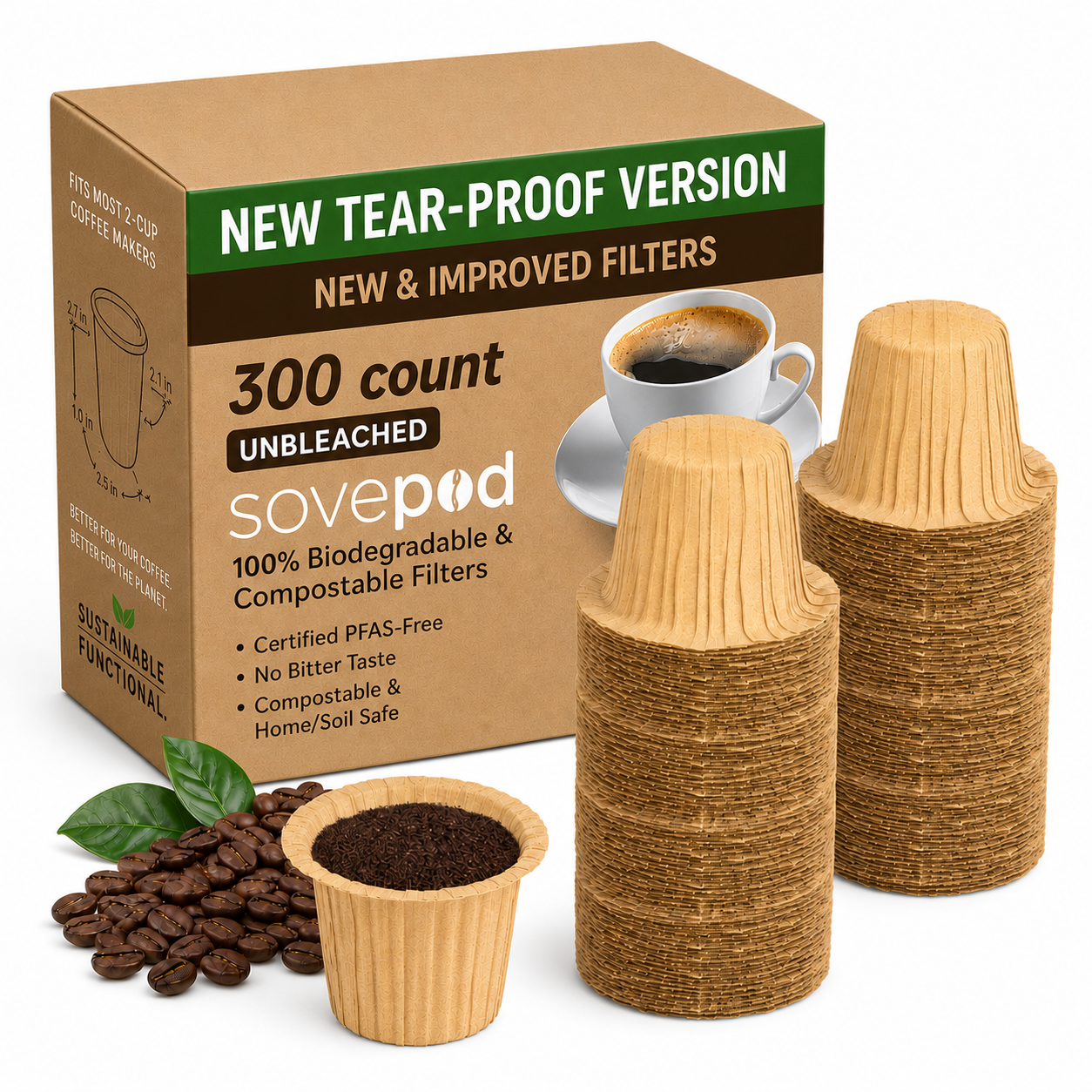 Savepod® Tear-Proof Coffee Filters -  Unbleached Natural Brown - New & Improved - 100% Compostable