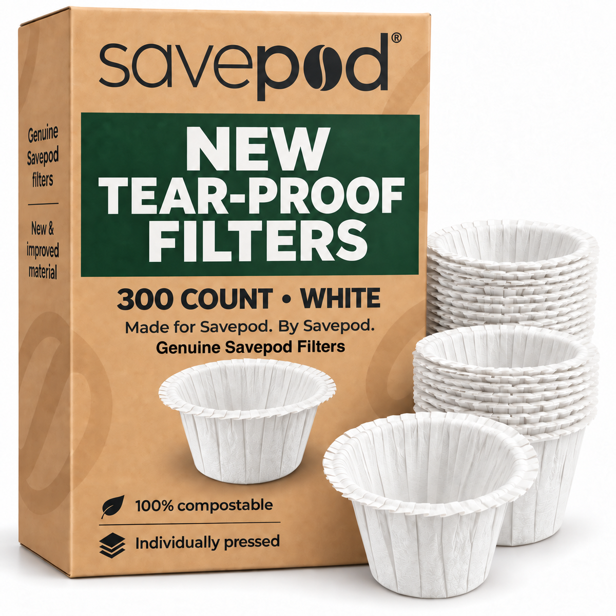 Savepod® Tear-Proof Coffee Filters -  White - New & Improved - 100% Compostable