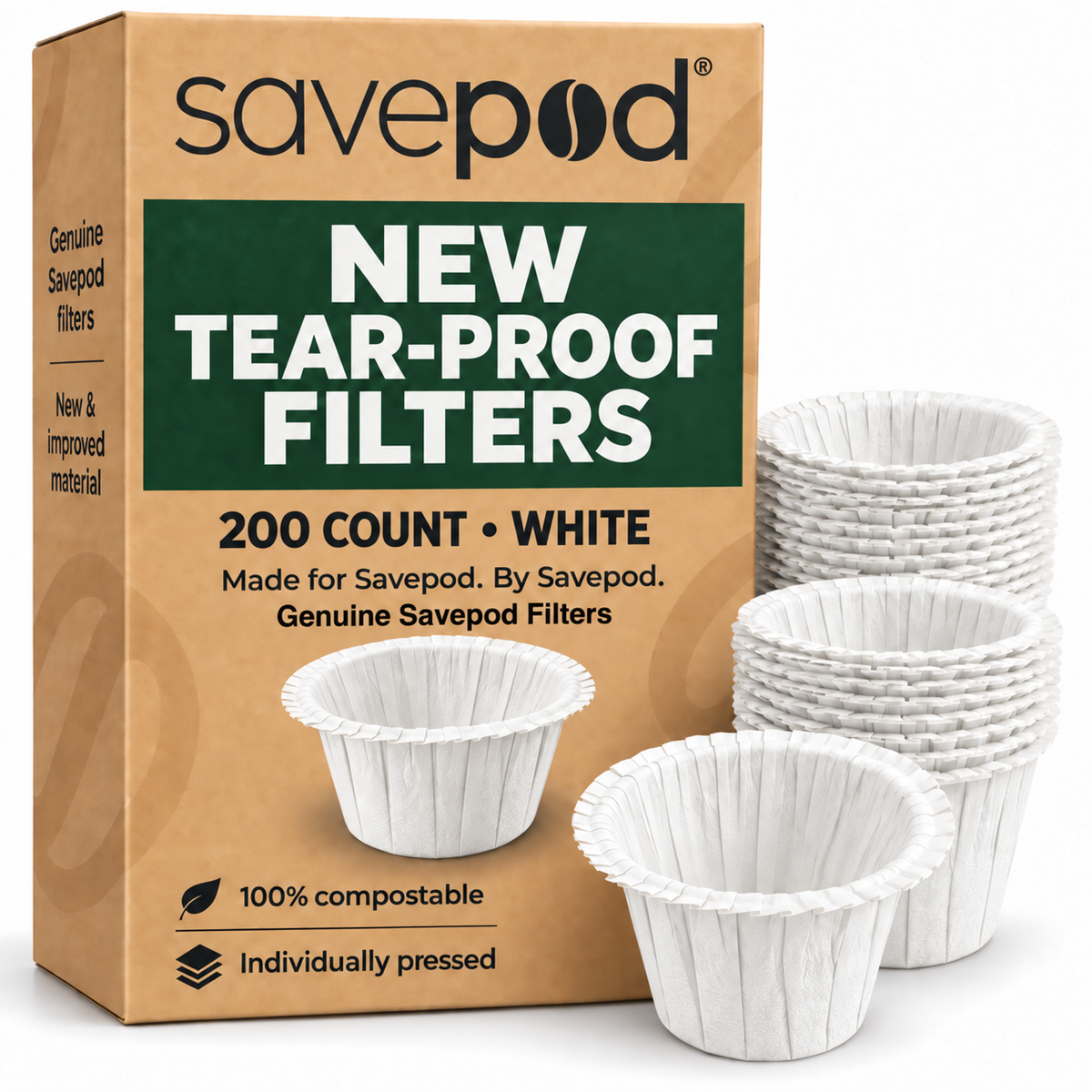 Savepod® Tear-Proof Coffee Filters -  White - New & Improved - 100% Compostable