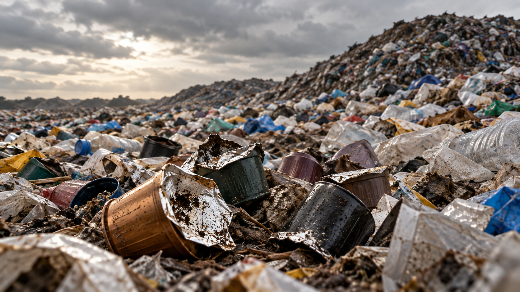 Illustration of discarded coffee capsules among plastic waste in a landfill